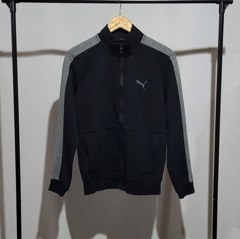 Puma jacket athletic athleisure running black grey mens size small track jacket